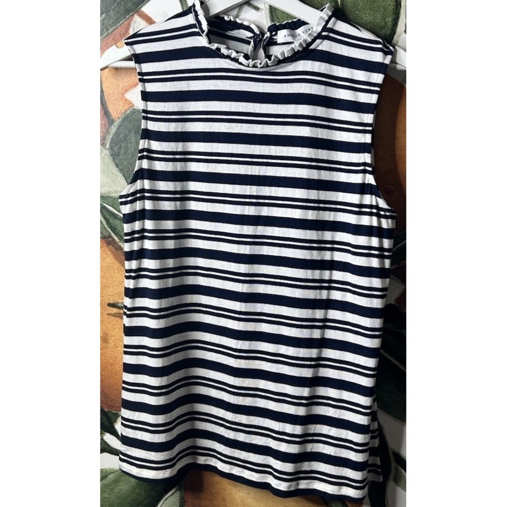 Amour Vert Large Striped Sleeveless Ruffled Neckline Modal Blend Top‎ Soft NWT